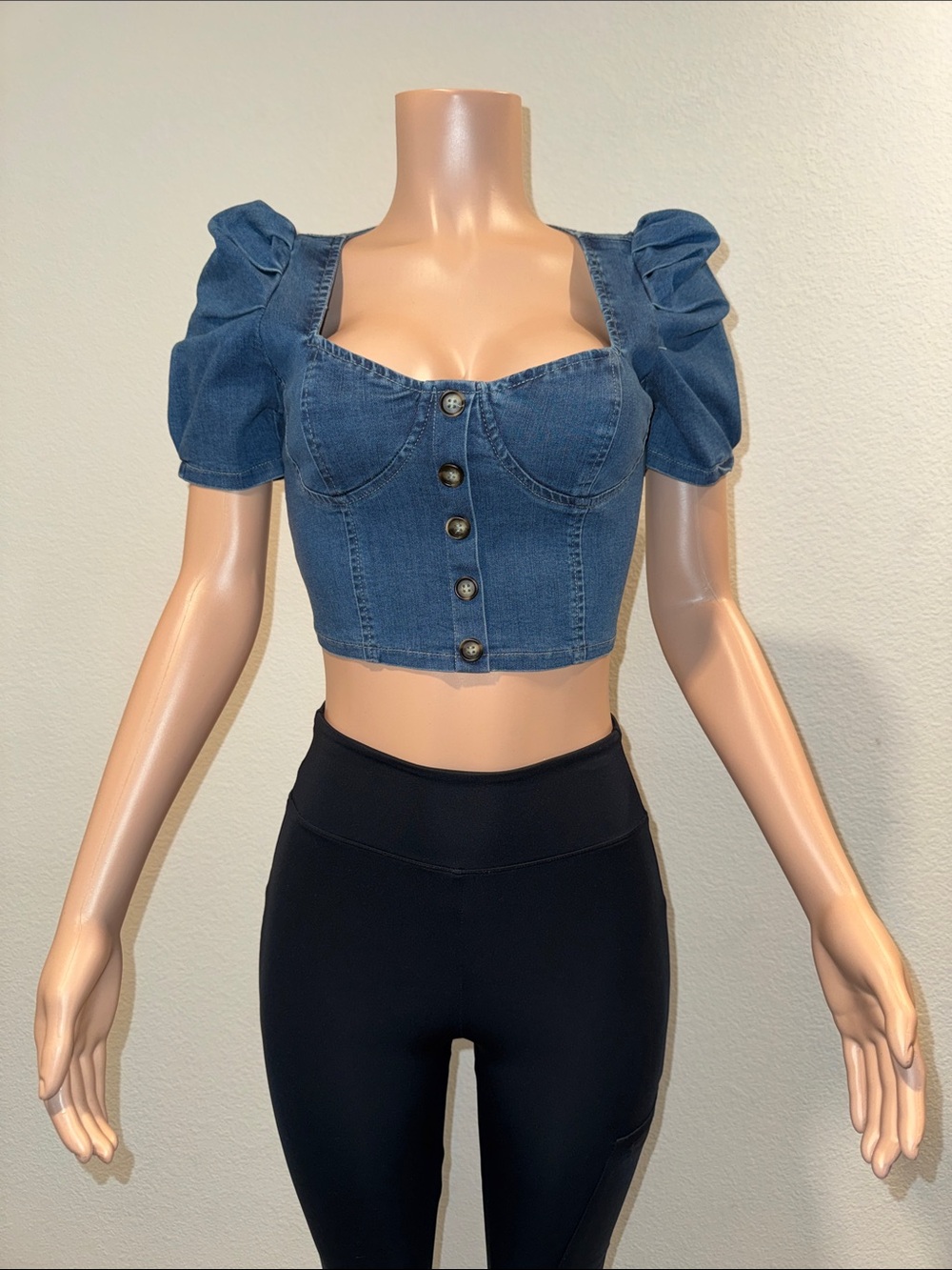 Denim Puff Sleeve Cropped Button-Front Top - Blue